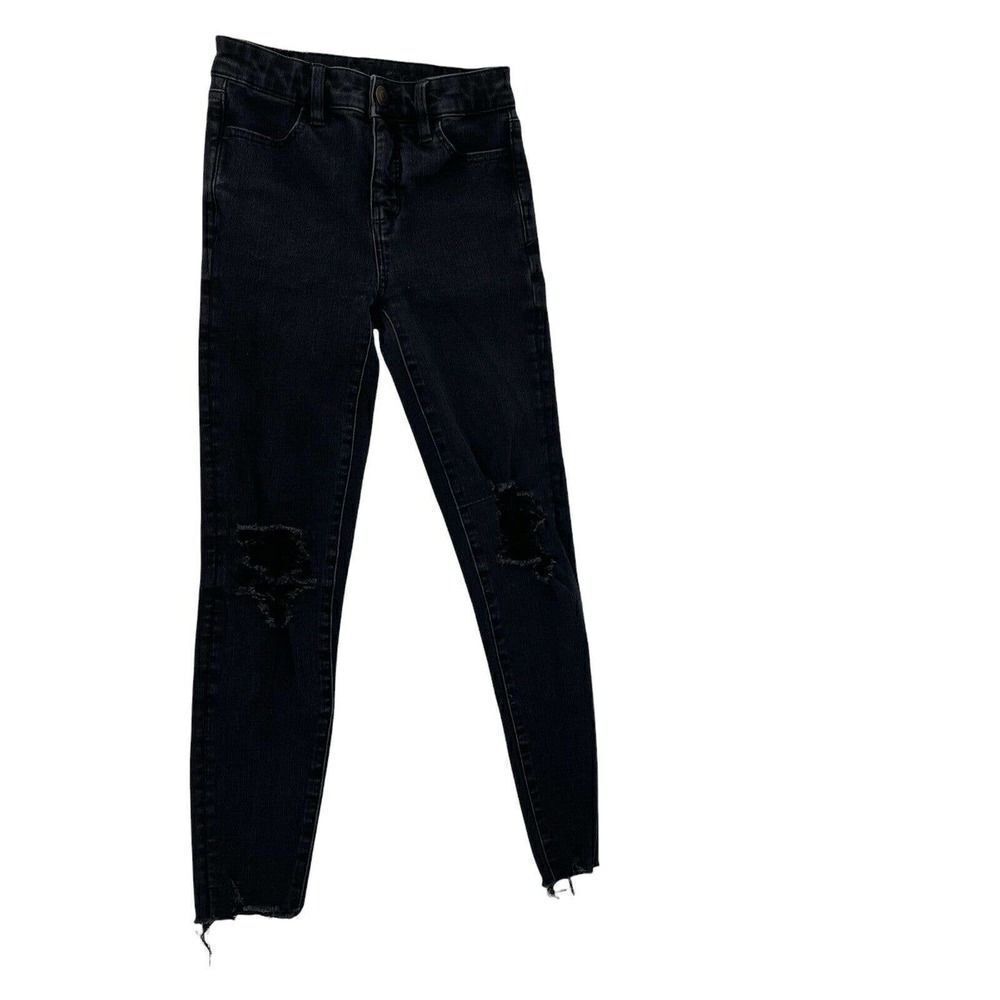 American Eagle Dream Fit Jeans Hi Rise Jegging Black Distressed Raw Hem Size 00